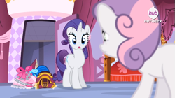 Size: 637x357 | Tagged: safe, screencap, rarity, sweetie belle, pony, unicorn, for whom the sweetie belle toils, female, filly, horn, mare, siblings, sisters