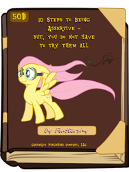 Size: 600x800 | Tagged: safe, fluttershy, pegasus, pony, assertive, book, book cover meme, exploitable meme, goggles, meme, solo