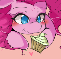 Size: 550x526 | Tagged: safe, artist:hua, pinkie pie, earth pony, pony, blushing, bust, colored pupils, cupcake, cute, diapinkes, eating, female, heart, mare, pink background, pixiv, portrait, prone, simple background, solo