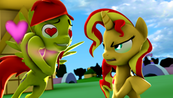 Size: 1920x1080 | Tagged: safe, artist:furima, sunset shimmer, oc, oc:greeny awkward, pony, 3d, angry, heart eyes, source filmmaker, wingding eyes