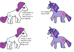 Size: 900x626 | Tagged: safe, artist:glitterprince, derpibooru import, rarity, twilight sparkle, pony, unicorn, comic sans, stylistic suck, text