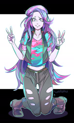 Size: 1200x1968 | Tagged: safe, artist:tyuubatu, starlight glimmer, equestria girls, mirror magic, spoiler:eqg specials, beanie, clothes, hat, looking at you, peace sign, smiling, solo