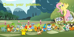 Size: 949x478 | Tagged: safe, fluttershy, pegasus, pikachu, pony, may the best pet win, bird house, bulbasaur, charmander, chespin, chikorita, chimchar, crossover, cyndaquil, eevee, fence, fennekin, froakie, mudkip, oshawott, piplup, pokémon, pokémon x and y, snivy, squirtle, tepig, text, torchic, totodile, treecko, turtwig