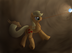 Size: 3100x2278 | Tagged: safe, artist:crusierpl, applejack, earth pony, pony, chest fluff, hole, rope, solo, underground