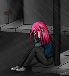 Size: 690x760 | Tagged: safe, artist:zortail, pinkie pie, human, converse, humanized, light skin, pinkamena diane pie, rain, shoes, solo