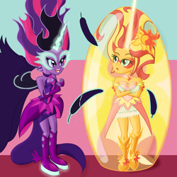 Size: 2560x2560 | Tagged: safe, artist:cybersquirrel, midnight sparkle, sci-twi, sunset shimmer, twilight sparkle, equestria girls, daydream shimmer, feather, force field, tickling