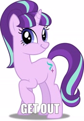 Size: 1911x2743 | Tagged: safe, artist:dashiesparkle, edit, editor:binkyt11, starlight glimmer, pony, unicorn, faic, female, get out, image macro, looking at you, mare, meme, simple background, smirk, solo, twiface, vector, vector edit, white background, wrong neighborhood