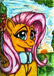 Size: 1395x1963 | Tagged: safe, artist:tomek2289, fluttershy, pegasus, pony, goggles, solo, traditional art