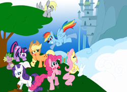 Size: 792x576 | Tagged: safe, artist:pembroke, derpibooru import, angel bunny, applejack, derpy hooves, fluttershy, pinkie pie, rainbow dash, rarity, spike, twilight sparkle, dragon, earth pony, pegasus, pony, unicorn, female, mane seven, mane six, mare