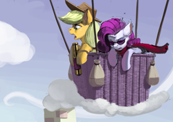 Size: 929x654 | Tagged: safe, artist:kevinsano, applejack, rarity, earth pony, pony, unicorn, flying, hot air balloon, riding, telescope