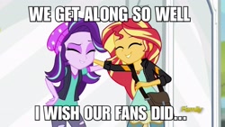 Size: 3643x2048 | Tagged: safe, screencap, starlight glimmer, sunset shimmer, equestria girls, mirror magic, spoiler:eqg specials, ^u^, beanie, boots, clothes, discovery family logo, drama, eyes closed, female, friendship, hat, image macro, meme, mirror, portal, shoes, starlight drama, starlight drama drama, sunset vs starlight debate