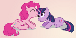 Size: 888x446 | Tagged: safe, artist:folksneedheroes, derpibooru import, pinkie pie, twilight sparkle, earth pony, pony, eyes closed, female, happy, lesbian, nuzzling, shipping, twinkie