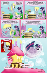 Size: 744x1156 | Tagged: safe, artist:henbe, derpy hooves, dinky hooves, pinkie pie, twilight sparkle, twilight sparkle (alicorn), alicorn, pony, bubble, bubblemaster, clothes line, comic, female, laundry, mare, soap bubble, sugarcube corner, twilybuse