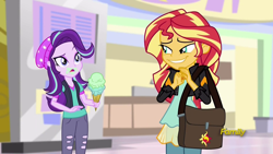 Size: 1920x1080 | Tagged: safe, screencap, starlight glimmer, sunset shimmer, equestria girls, mirror magic, spoiler:eqg specials, bag, canterlot mall, confused, discovery family logo, duo, faic, food, ice cream, pure unfiltered evil