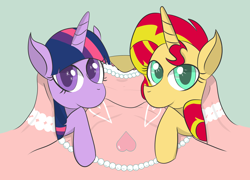 Size: 2500x1800 | Tagged: safe, artist:yinglongfujun, sunset shimmer, twilight sparkle, twilight sparkle (alicorn), alicorn, pony, bed, bedsheets, biting, duo, looking at you