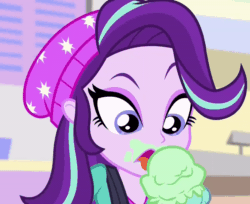 Size: 800x652 | Tagged: safe, screencap, starlight glimmer, equestria girls, mirror magic, spoiler:eqg specials, animated, beanie, cropped, cute, food, gif, glimmerbetes, hat, ice cream, licking, messy eating, solo, that human sure does love ice cream, tongue out