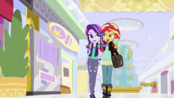 Size: 800x450 | Tagged: safe, screencap, starlight glimmer, sunset shimmer, equestria girls, mirror magic, spoiler:eqg specials, animated, bag, beanie, clothes, discovery family logo, duo, eating, female, food, geode of empathy, gif, hat, hip sway, hug, ice cream, jacket, jewelry, leather jacket, lidded eyes, looking at each other, magical geodes, messy eating, necklace, pendant, ripped pants, shipping fuel, thick, vest, walking, watch, wide hips
