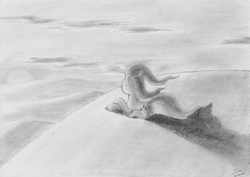 Size: 2592x1836 | Tagged: safe, artist:abyssalemissary, fluttershy, pegasus, pony, monochrome, solo, sunset, traditional art, wingless