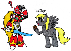 Size: 930x672 | Tagged: safe, artist:stealthninja5, derpy hooves, pegasus, pony, capcom, confused, crossover, female, mare, megaman x, muffin, traditional art, zero