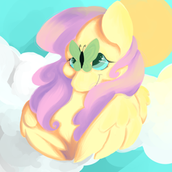 Size: 1280x1280 | Tagged: safe, artist:slimeprnicess, fluttershy, butterfly, pegasus, pony, cloud, cloudy, solo, sun