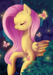 Size: 1000x1411 | Tagged: safe, artist:trefleix, fluttershy, butterfly, pegasus, pony, eyes closed, forest, solo