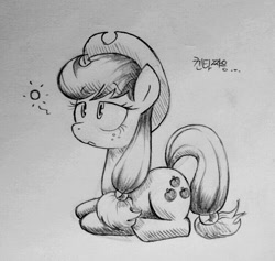 Size: 751x711 | Tagged: safe, artist:discommunicator, applejack, earth pony, pony, korean, monochrome, solo