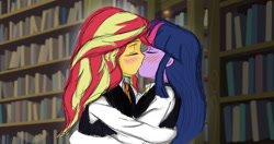 Size: 1128x596 | Tagged: safe, artist:angeltorchic, sunset shimmer, twilight sparkle, equestria girls, blushing, canterlot academia, clothes, eyes closed, female, kissing, lesbian, library, making out, shipping, sunsetsparkle