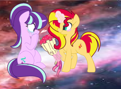 Size: 1024x753 | Tagged: safe, artist:rose-moonlightowo, starlight glimmer, sunset shimmer, pony, bouquet, crying, female, lesbian, magic, shimmerglimmer, shipping, tears of joy