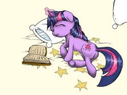 Size: 900x677 | Tagged: safe, artist:11meister, derpibooru import, twilight sparkle, book, cutie mark, horn, mane, pillow, sleeping, stars, tail