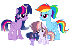 Size: 1536x1064 | Tagged: safe, artist:thesmall-artist, derpibooru import, rainbow dash, twilight sparkle, twilight sparkle (alicorn), oc, oc:celestial moon, oc:colour sparkling, alicorn, pegasus, pony, unicorn, baby, baby pony, base used, female, filly, lesbian, magical lesbian spawn, offspring, older, parent:rainbow dash, parent:twilight sparkle, parents:twidash, shipping, simple background, transparent background, twidash