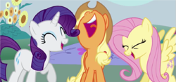 Size: 629x294 | Tagged: safe, screencap, applejack, fluttershy, rarity, earth pony, pegasus, pony, unicorn, laughingmares.jpg