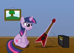 Size: 1920x1387 | Tagged: safe, artist:bcrich40, derpibooru import, twilight sparkle, amplifier, flying v, glowing horn, guitar, music, picture, sitting, telekinesis, tongue out