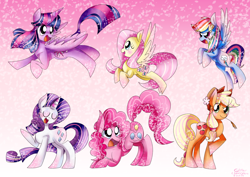 Size: 900x636 | Tagged: safe, artist:glitterclamopera, derpibooru import, applejack, fluttershy, pinkie pie, rainbow dash, rarity, twilight sparkle, twilight sparkle (alicorn), alicorn, earth pony, pegasus, pony, unicorn, female, mane six, mare