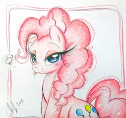 Size: 955x895 | Tagged: safe, artist:prettypinkpony, pinkie pie, earth pony, pony, bedroom eyes, cupcake, pictogram, solo, tongue out, traditional art