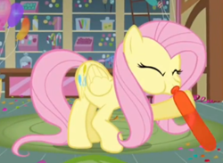 Size: 461x338 | Tagged: safe, screencap, fluttershy, pegasus, pony, magical mystery cure, balloon, blowing, blowing up balloons, inflation, puffy cheeks, red balloon, solo, swapped cutie marks