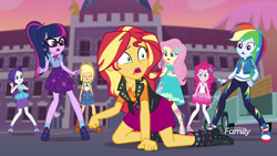 Size: 1920x1080 | Tagged: safe, derpibooru import, screencap, applejack, fluttershy, pinkie pie, rainbow dash, rarity, sci-twi, sunset shimmer, twilight sparkle, better together, equestria girls, forgotten friendship, boots, clothes, converse, discovery family logo, eyes closed, glasses, hoofhands, humane five, humane seven, humane six, humans doing horse things, mane six, mind rape, pantyhose, ponytail, shoes, skirt, sneakers