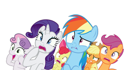 Size: 5333x3000 | Tagged: safe, artist:sollace, derpibooru import, apple bloom, applejack, rainbow dash, rarity, scootaloo, sweetie belle, earth pony, pegasus, pony, unicorn, campfire tales, .svg available, confused, cringing, cute, cutie mark crusaders, diasweetes, gasping, happy, lip bite, one of these things is not like the others, open mouth, scared, shocked, simple background, transparent background, varying degrees of want, vector