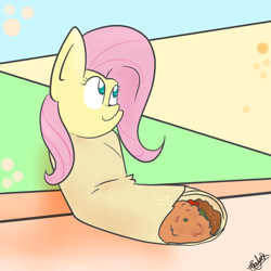 Size: 1000x1000 | Tagged: safe, artist:fledgex, fluttershy, food pony, original species, blanket burrito, burrito, food, solo, wat