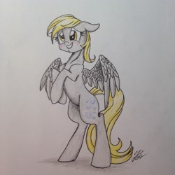 Size: 2448x2448 | Tagged: safe, artist:psponyartist, derpy hooves, pony, bipedal, blushing, floppy ears, smiling, solo, spread wings, traditional art