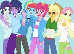 Size: 900x656 | Tagged: safe, artist:bb14, derpibooru import, applejack, applejack (male), bubble berry, butterscotch, dusk shine, elusive, fluttershy, pinkie pie, rainbow blitz, rainbow dash, rarity, twilight sparkle, equestria girls, equestria guys, male, mane six, rule 63