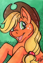 Size: 480x708 | Tagged: safe, artist:blackfrost, applejack, earth pony, pony, happy, open mouth, solo