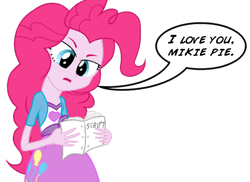 Size: 826x600 | Tagged: safe, artist:the-ross, pinkie pie, oc, equestria girls, /oat/, canon x oc, disproportional anatomy, mikie pie, mlpchan, reading, script, solo