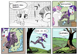 Size: 720x514 | Tagged: safe, artist:jeroom, rarity, sweetie belle, pony, unicorn, comic, crossing the memes, exploitable meme, female, filly, many many pony, mare, meme, mug, muh clothes, running dad, spit take, we don't normally wear clothes