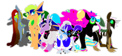 Size: 3095x1420 | Tagged: safe, artist:goatpaste, derpibooru import, applejack, fluttershy, pinkie pie, rainbow dash, rarity, twilight sparkle, oc, oc:allnight party, oc:aurora brokenalis, oc:crabapple, oc:queen pangea, oc:queen rarita, oc:twilight zone, pony, alternate universe, evil, evil mane six, mane six, simple background, species swap, transparent background