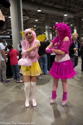 Size: 683x1024 | Tagged: safe, artist:aktrez, photographer:franklin teng photography, fluttershy, pinkie pie, human, 2011, cosplay, irl, irl human, jessica nigri, photo