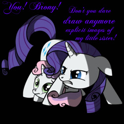 Size: 767x767 | Tagged: safe, artist:bigshot232, rarity, sweetie belle, pony, unicorn, angry, anti-clop, big sister instinct, cowering, floppy ears, frown, gritted teeth, nose wrinkle, overprotective, standing, wide eyes