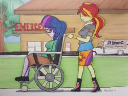 Size: 1024x767 | Tagged: safe, artist:missmayaleanne, part of a series, part of a set, sci-twi, sunset shimmer, twilight sparkle, equestria girls, chair, clothes, cute, female, hospital, lesbian, patient, scitwishimmer, shipping, sitting, skirt, story included, sunsetsparkle, traditional art, walking, wheelchair