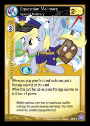 Size: 600x838 | Tagged: safe, derpy hooves, pegasus, pony, bag, card, ccg, clothes, crystal games, enterplay, female, hat, letter, mailbag, mailbox, mailmare, mailpony, mare, muffin, necktie, official, solo, that one nameless background pony we all know and love