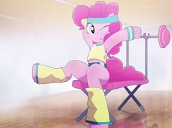 Size: 2172x1616 | Tagged: safe, artist:themizukamii, pinkie pie, earth pony, pony, armpits, barbell, belly button, clothes, headband, leg warmers, midriff, solo, sweatband, weights, workout outfit