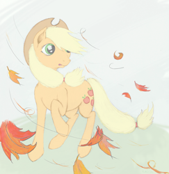 Size: 3937x4047 | Tagged: safe, artist:rukitichi, applejack, earth pony, pony, absurd resolution, leaves, raised hoof, solo, wind